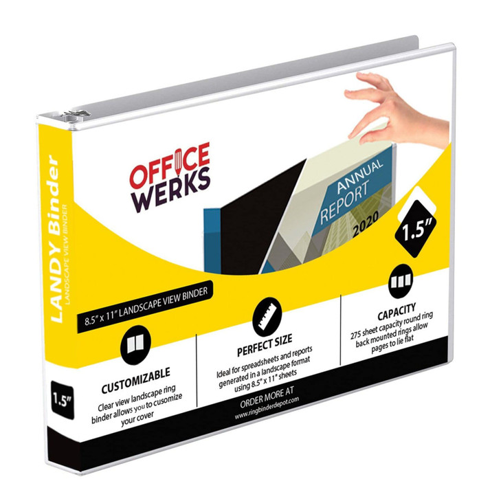 8.5" X 11" Landscape View Binder, 3-Ring 1.5 Inch Capacity Round Ring, White Horizontal Formatted with Clear Cover Pockets for Documents, Spreadsheet