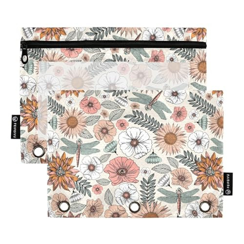 ALAZA Pencil Pouch for 3 Ring Binder, Boho Flowers and Dragonflies Binder Pencil Pouches with Clear Window Zipper Pencil Case Cosmetic Bags for Offic