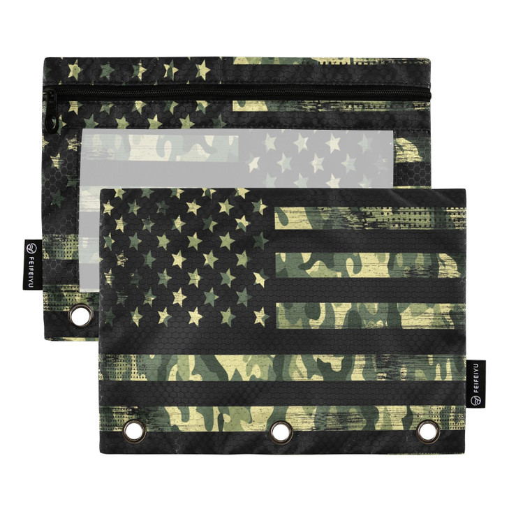 ALAZA Pencil Pouch for 3 Ring Binder, American Flag Green Camo Camouflage Binder Pencil Pouches with Clear Window Zipper Pencil Case Cosmetic Bags fo