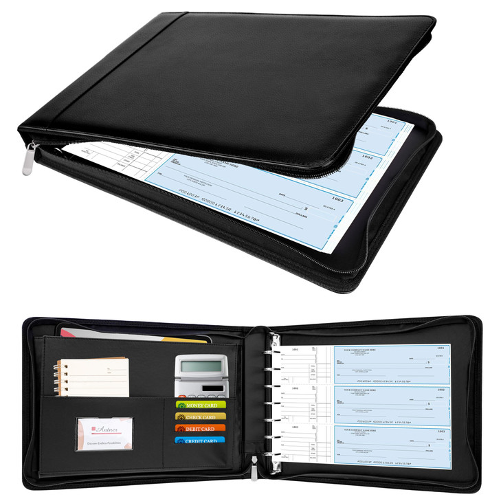 Antner Zippered 7 Ring Business Checkbook Binder Portfolio for 3-on-a-Page Business Checks, 600 Checks Capacity, PU Leather Check Book Binder Cover f