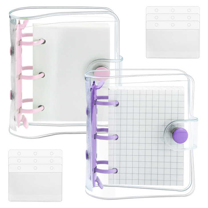 YETOOME 2 Pack Mini Transparent 3 Ring Binder Covers with Binder Inner Paper and Pockets, Clear Soft PVC Notebook Closure Loose Leaf Folder with Snap