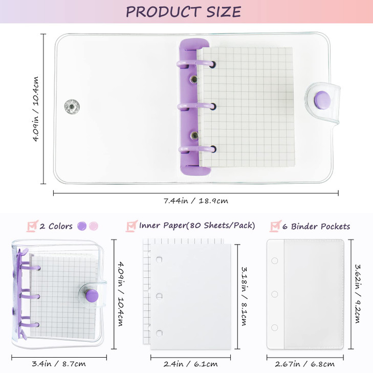 YETOOME 2 Pack Mini Transparent 3 Ring Binder Covers with Binder Inner Paper and Pockets, Clear Soft PVC Notebook Closure Loose Leaf Folder with Snap
