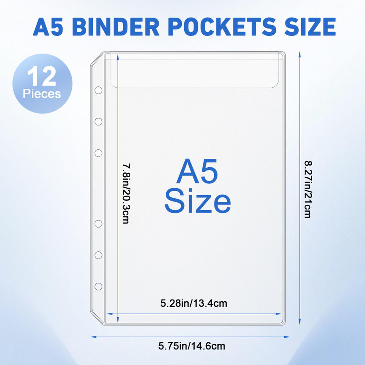 Antner 12PCS A5 Binder Pockets No Zipper 6-Hole Budget Cash Envelopes for Small Refillable Notebook, Zipless A5 Planner Inserts Binder Pouches Loose