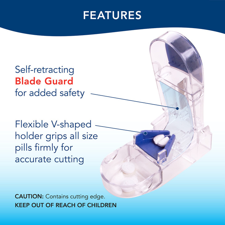 Apex Ultra Pill Cutter, Professional Medical Pill Splitter with Retracting Blade Guard, for Precise Cutting Small or Large Tablets, Vitamins, Blue/Gr