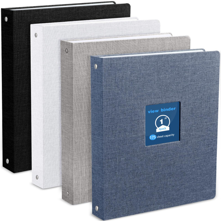 Lincia 4 Pcs Linen 3 Ring Binder 1'' Ring Binders with Window Holds 175 Sheets 8.5 x 11 Letter Size Paper Office Supplies(Black, White, Gray, Dark Bl