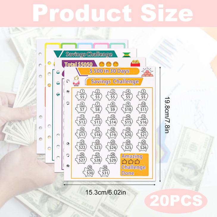 12pcs Money Saving Challenge Binder Trackers for 6 Ring A5 Binders, with 8pcs Stickers, 100 Day Money 1000 Saving Binder Refills Sheets Long-Term Mon