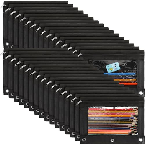 Marspark 30 Packs Pencil Pouch 3 Ring Binder Pen Pouch Cloth Pencil Pouches Zipper Pen Case Bag with Clear Window for School Office Writing Supplies