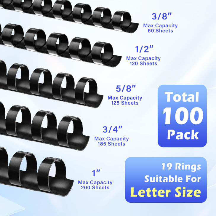 TOTiyea 100 Pack 19 Ring Binding Combs, Multi Sizes, 3/8 Inch, 1/2 Inch, 5/8 Inch, 3/4 Inch, 1 Inch, Letter Size, Black Binding Comb Spines Set