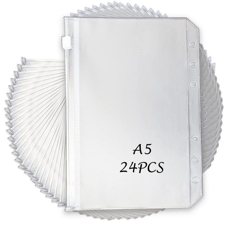 Tutata 24PCS A5 Binder Pockets, A5 Budget Envelopes with Zipper, Waterproof, 6-Ring Notebook Binder, Document Filing Bags