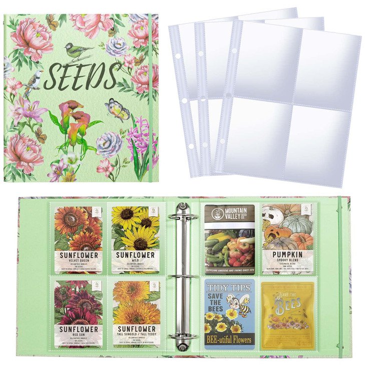 Seed Organizer Garden Seeds Storage Clear Sheet Protectors with 8.5x11 Binder, Seed Packet Organizer Kit