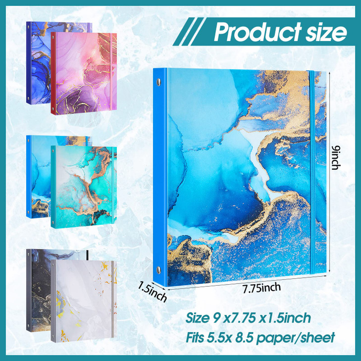 6 Pack Mini Binders 5.5 x 8.5 Three Ring 1 Inch Marble Binder with Elastic Cord Cute Hardcover Marble Binder Floral for School Office Home Photo Albu