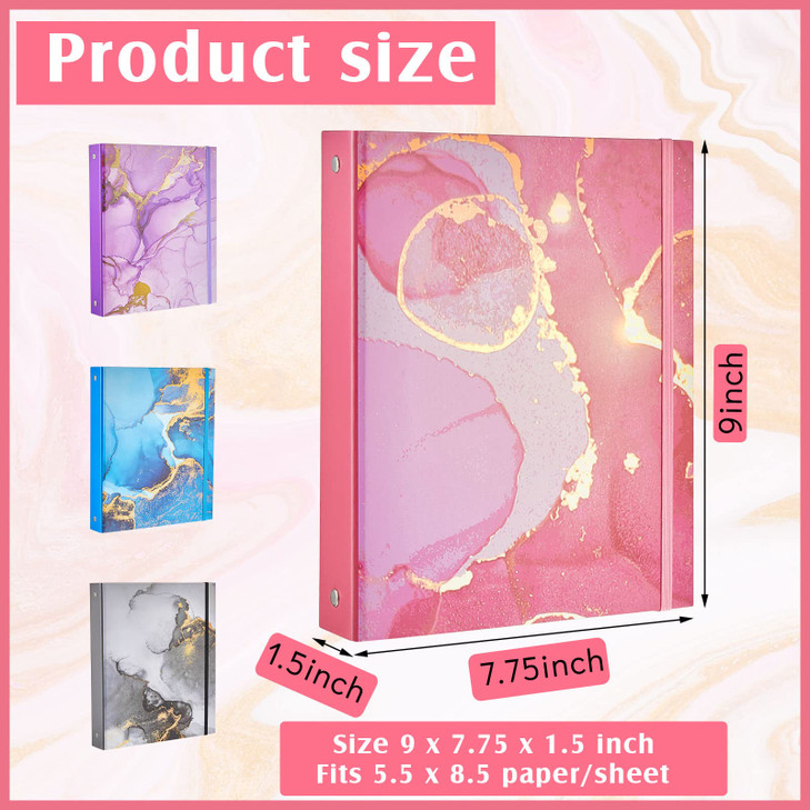 Lewtemi 4 Pack Mini Binders 5.5 x 8.5 Three Ring, 1 Inch Marble Binder, Flower Ocean Decorative Hardcover with Elastic Cord for School, Office Use, R