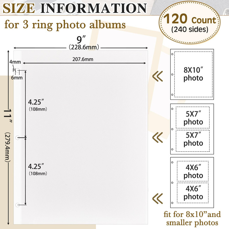 Chuangdi 120 Pcs Photo Album Pages 9 x 11 Inch Self Adhesive Double Sided 3 Hole Punched Photo Mounting Sheets Picture Sleeves for 3 Ring Binder Refi
