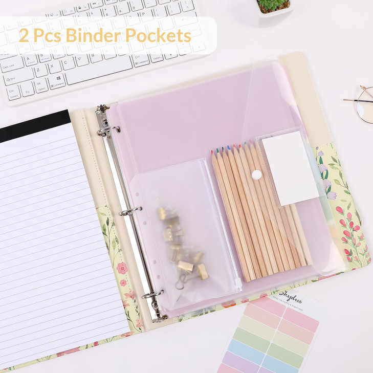 SKYDUE 1 Inch 3-Ring Binder with Clipboard, PU Aesthetic Binder with 5 Dividers, Notepad, Stickers & Pockets for Work and School (Letter Size)