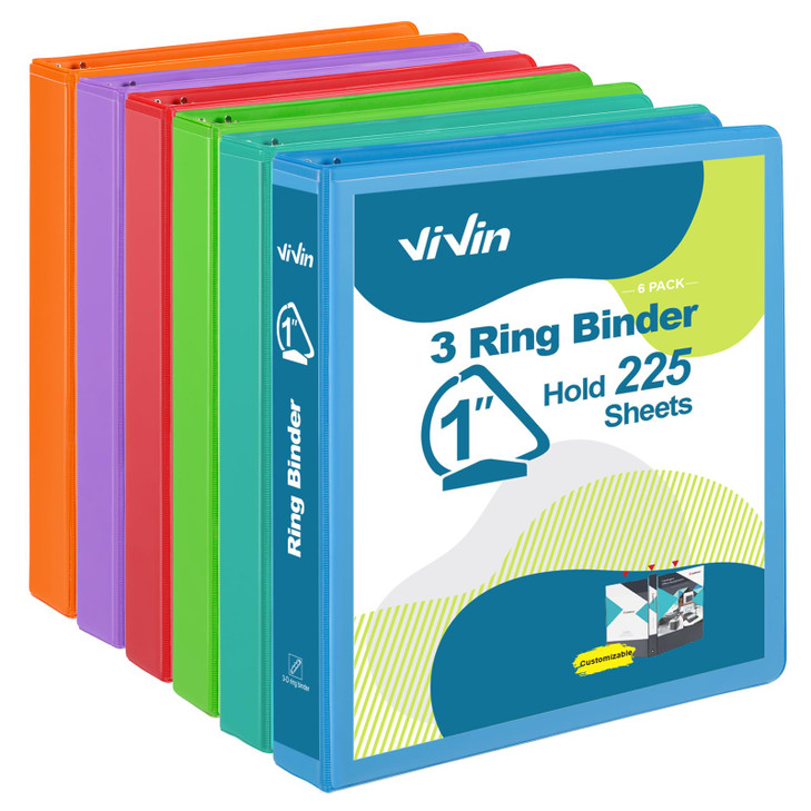 ViVin Durable 1 Inch D Ring Binders, 3 Ring Binders with 2 Pockets, Hold 225 Sheets of US Letter Size Paper - 6 Pack (Assorted)