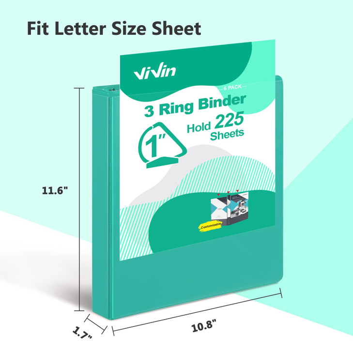 ViVin Durable 1 Inch D Ring Binders, 3 Ring Binders with 2 Pockets, Hold 225 Sheets of US Letter Size Paper - 6 Pack (Assorted)