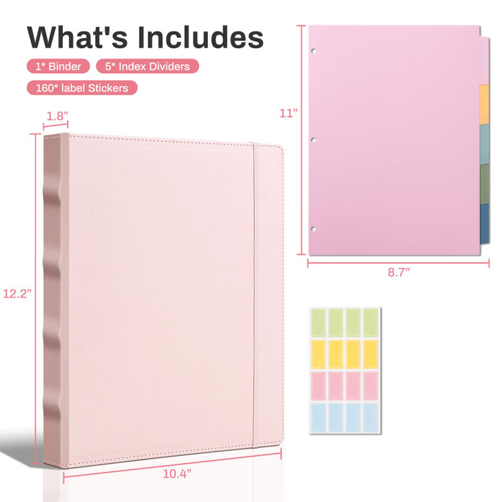 Pink 3 Ring 1 inch PU Leather Professional Binder Organizer with Dividers Suitable for 8.5 x 11 Letter Size Paper Cute Loose Leaf Binder with Pocket