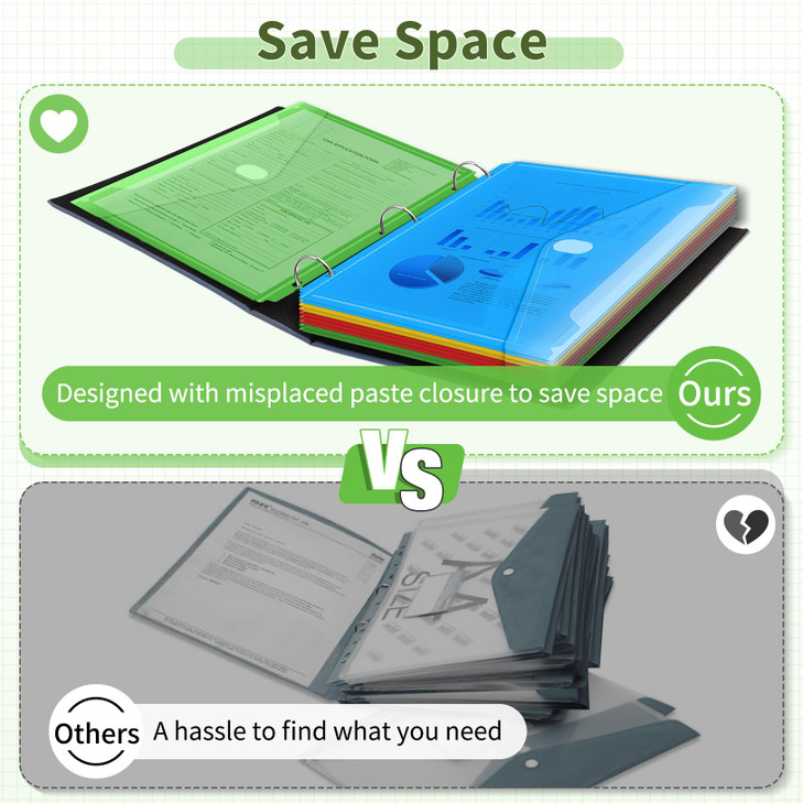 Sooez 30 Pack Binder Folders Organizer with Space-Saving Closure, Super Heavyweight Binder Pockets for 3 Ring Binders, High Capacity Binder Pouch, Si