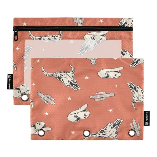 FFYHO Western Theme Pattern Big Pencil Pouches for Binders, Pencil Cases with Clear Window,Fits 3-Ring Binder,3 Holes Binder Zipper Pouches Bag 2 Pac