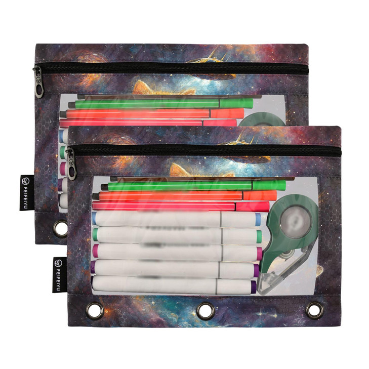 Star Cat Binder Pouches 3 Ring for Boys Girls School Office College Supplies Galaxy Space Pizza Alien Pencil Pouches Case Bag with Clear Window and Z
