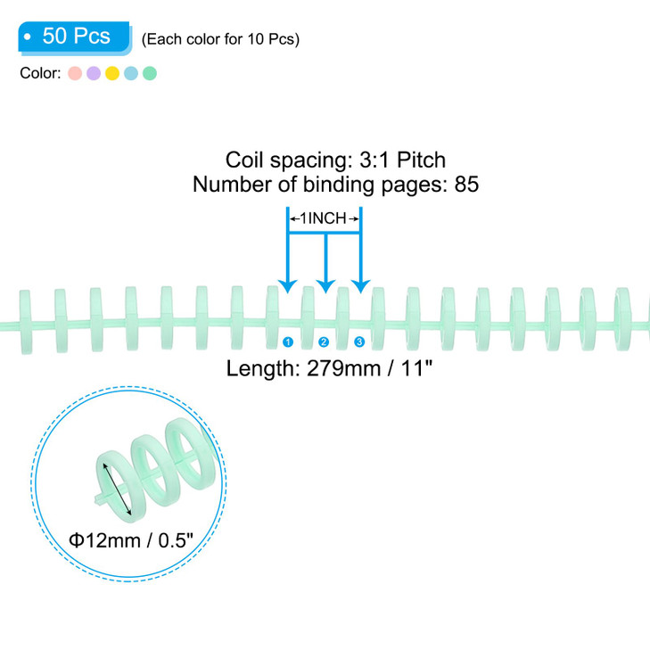 PATIKIL 12mm(1/2") Plastic Spiral Binding Coils, 50 Pcs Set Binding Spirals 85 Sheet Capacity 3:1 Pitch Binding Spirals for Binding Paper Sheets, Mul