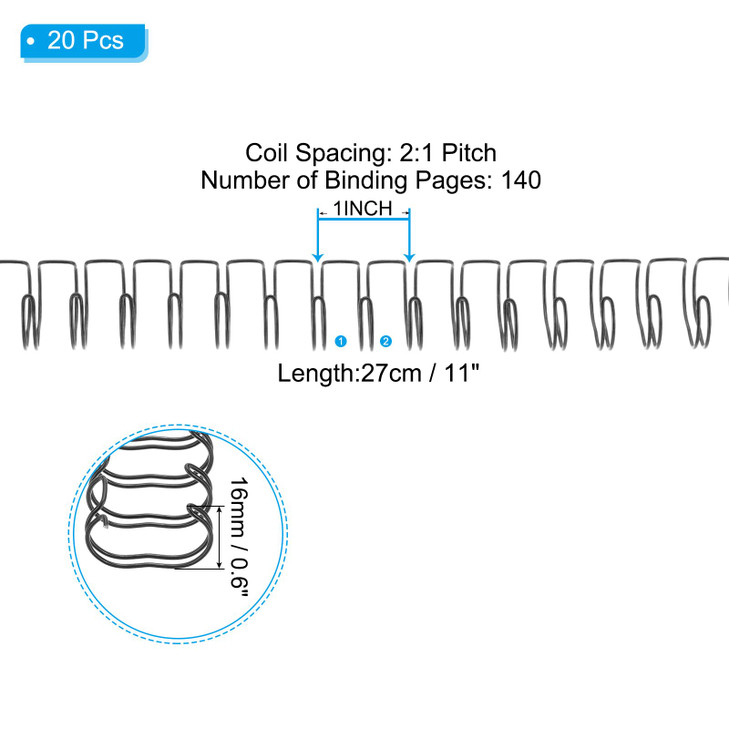 PATIKIL 16mm (5/8") Double Loop Wire Binding Combs, 20 Pcs Metal Twin Loop Binding Coils 140 Sheet Capacity 2:1 Pitch 21 Ring Binding Spines, Black