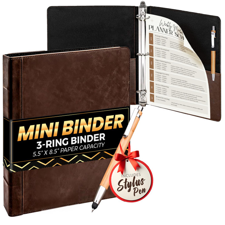 Capote Vintage Mini Professional 3 Ring Binder Organizer, 1-inch Round Rings, 5.5" x 8.5" Sheet Size, 2 Inner Pockets, Appearance of Antique Brown Le