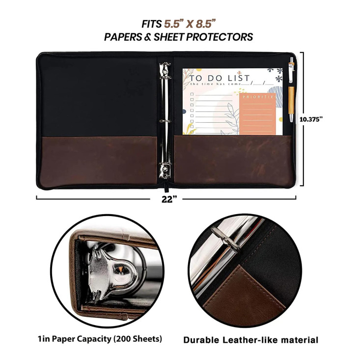 Performore Vintage Professional 3 Ring Zipper Binder Organizer, for 8.5" x 5.5" Paper, 1-Inch Round Rings, 2 Inner Pockets, Antique Brown Vegan Leath