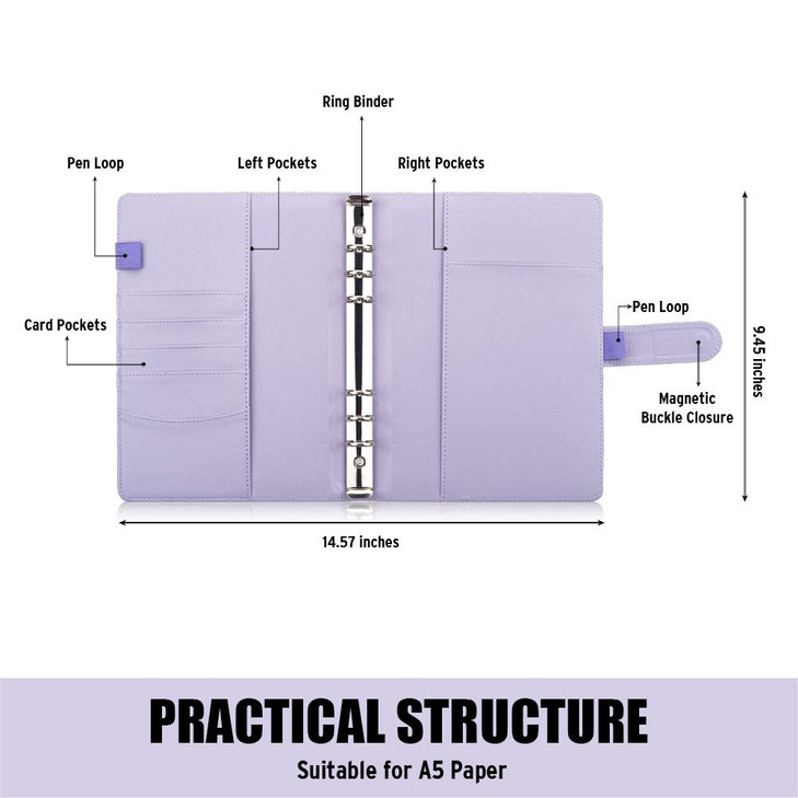 Sooez A5 binder 6 Ring, Refillable Notebook Planner Cover, Small Leather Organizer Empty Binder for Budget,Journal,Photocard Holder,Recipe Book, Aest