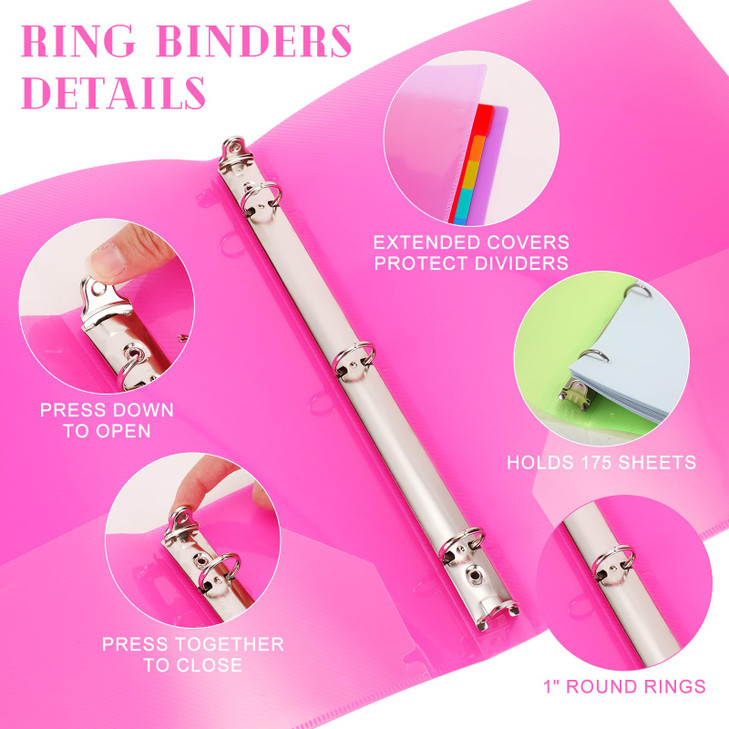 Fulmoon 6 Pack Plastic 3 Ring Binder Assorted Colors Economy Flexible Round Ring Presentation Binders with Pocket for Office School Meeting(1 Inch,Ne