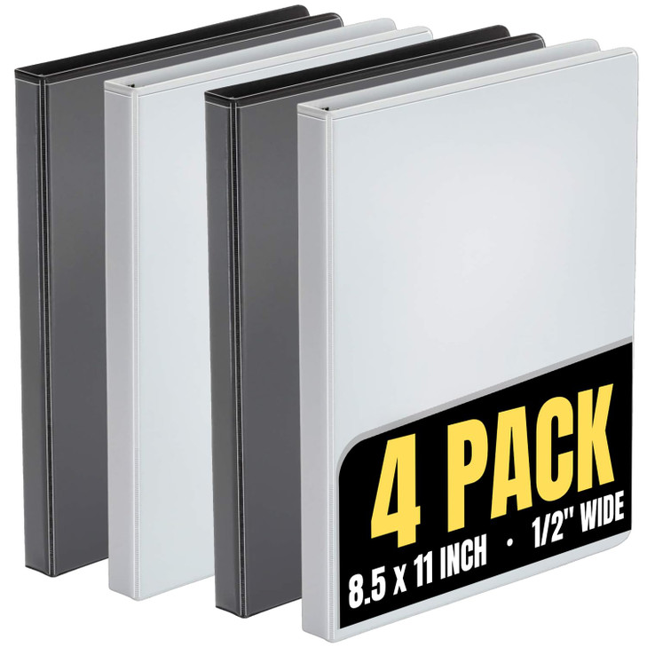 1InTheOffice 3 Ring Binder 1/2 inch, 1/2" Capacity View Binder, 2 White & 2 Black (1/2 Inch)