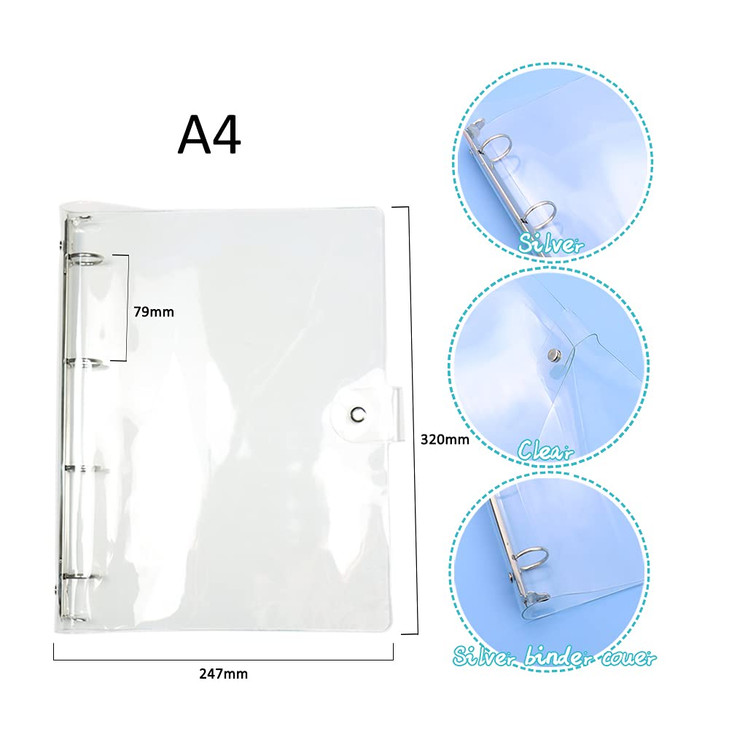 A4 Clear Soft PVC Round Ring Binders Dia 25mm 4-Ring Binder Cover with Snap Button Closure for Loose Leaf Journal Planner Albums DIY (A4-4 Holes(247x