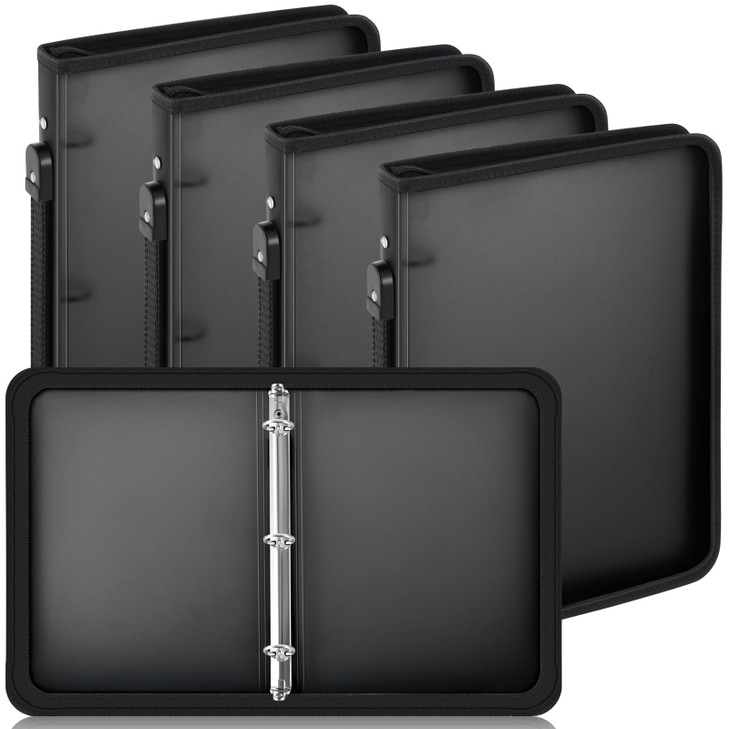 Teling 4 Pcs 1 Inch Black Zipper Binder with 3 Ring Zipper Binder, Refillable Plastic Clear File Organizer Planner for Projects, Assignments, Memos,