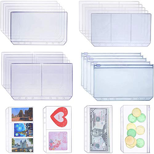 Shappy 18 Pieces A6 Size Binder Pockets with Different Partitions, Plastic Binder Folders Waterproof 6 Holes Zipper Loose Leaf Bags for Documents Not