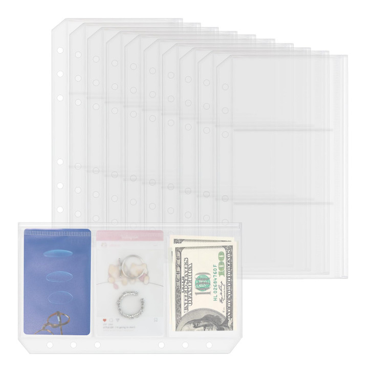 10 Pack Multi-Compartment Zippered Binder Pocket Sleeves for 6 Ring A6 Binder - Frosted Divided Zipper Pouch Money Cash Saving Budget Binder Insert R