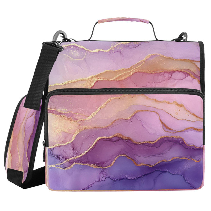 zyrtty 3 D-Ring Zipper Binder Bag, Purple Pink Gold Marble Ombre Pattern Removable Binder with Zipper Case Hold 700+ Sheets& 13 Inch Laptop for Schoo