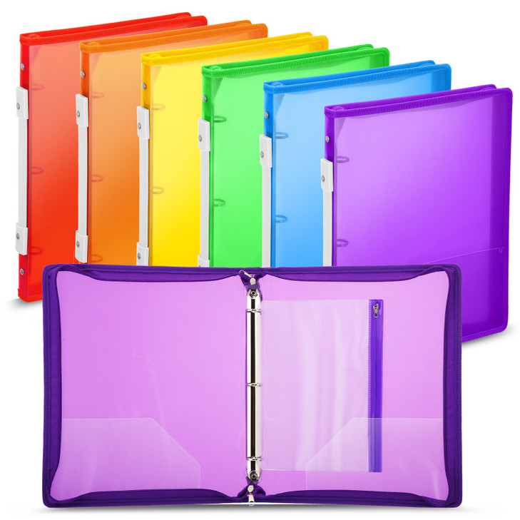 Fulmoon 6 Pack Plastic Zipper Binder, 1 Inch 3 Ring Binder with 2 Interior Pockets, 1 Plastic Movable Pencil Pouch, Expanding File Zippered Holds Us