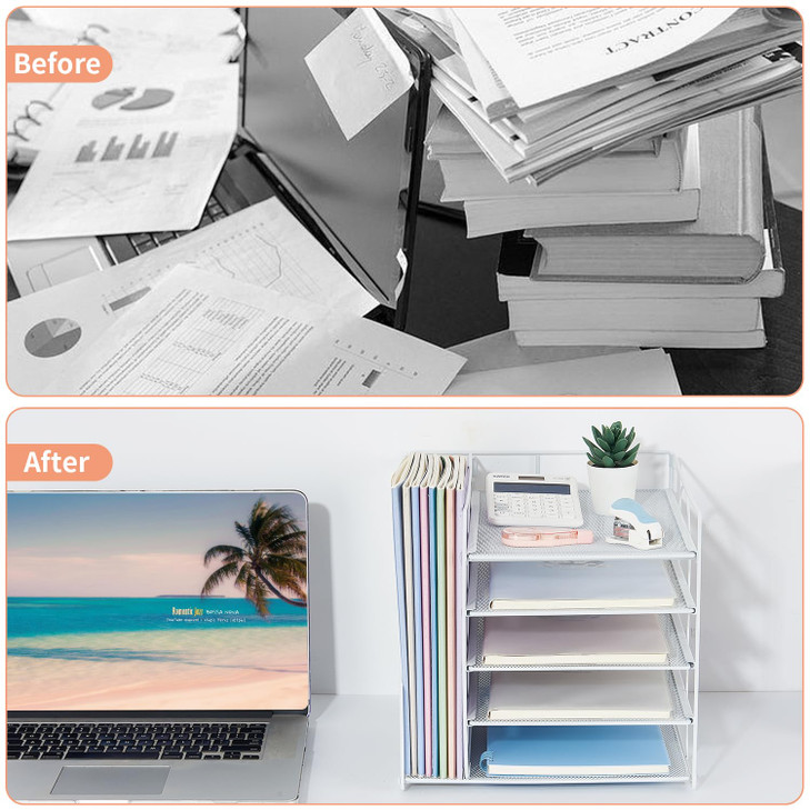 LEKETREE Desk Organizers and Accessories, 5-Tier Paper Letter Tray Organizer with File Holder, Desktop Organizer for Office Supplies (White)