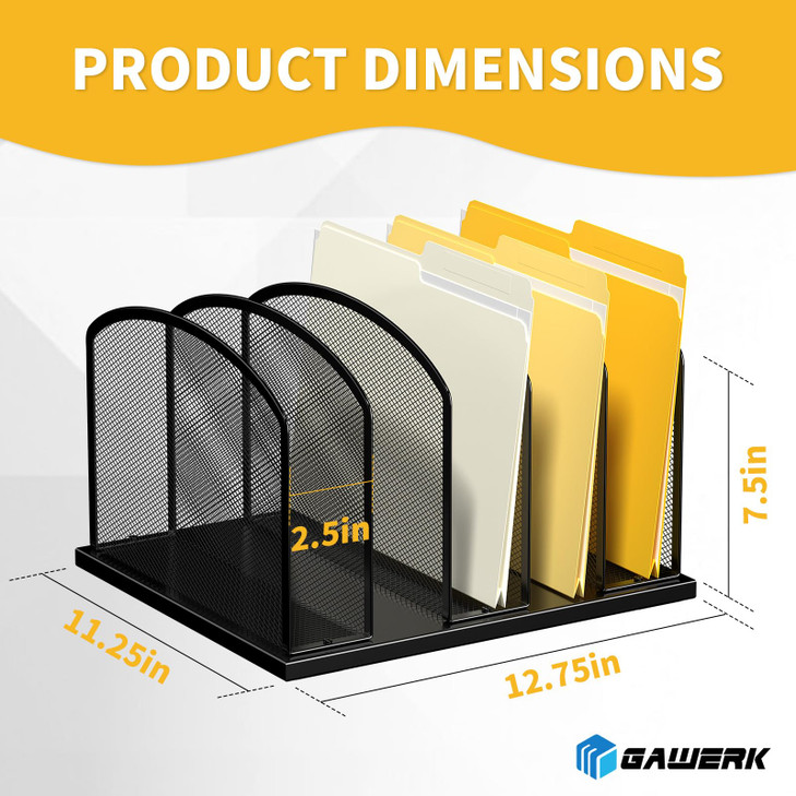 Gawerk Large Size Desk File Organizer, Metal Mesh Vertical Desktop File Holder, 5-Section file organizer for Desk Home Office Black