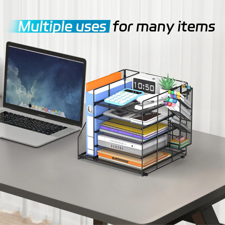 Reeplan 5-Tier Paper Organizer + File Holder + 4 Pen Holders, Desk Organizer Paper Letter Tray for Home, Office and School Supplies, Black