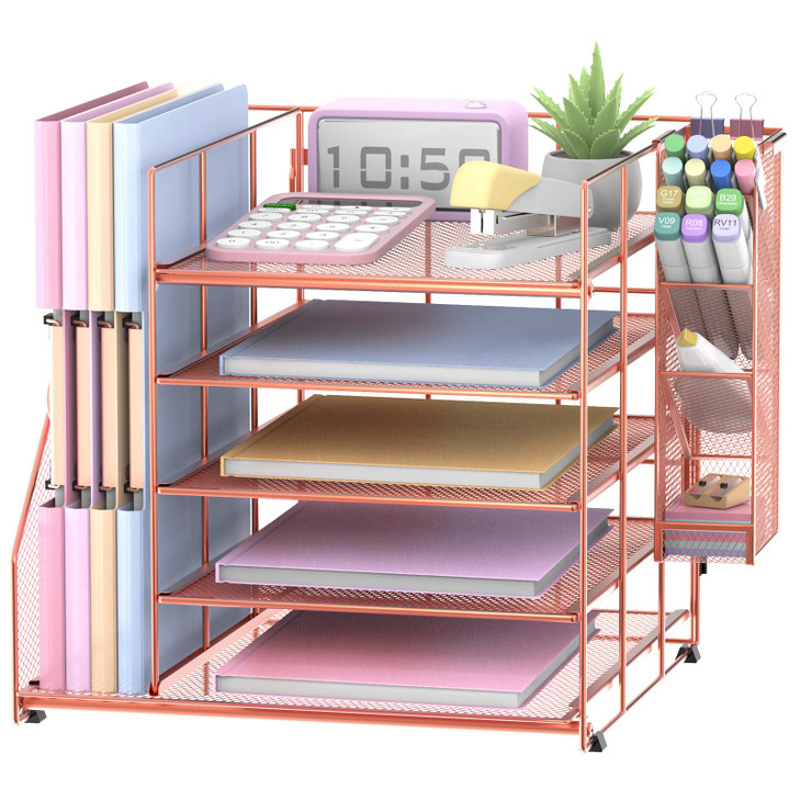 Reeplan Rose Gold Desk Accessories, 5-Tier Desk Organizer with Magazine Holder, Paper Organizer with Pen Holder for Home, Office or School Supplies