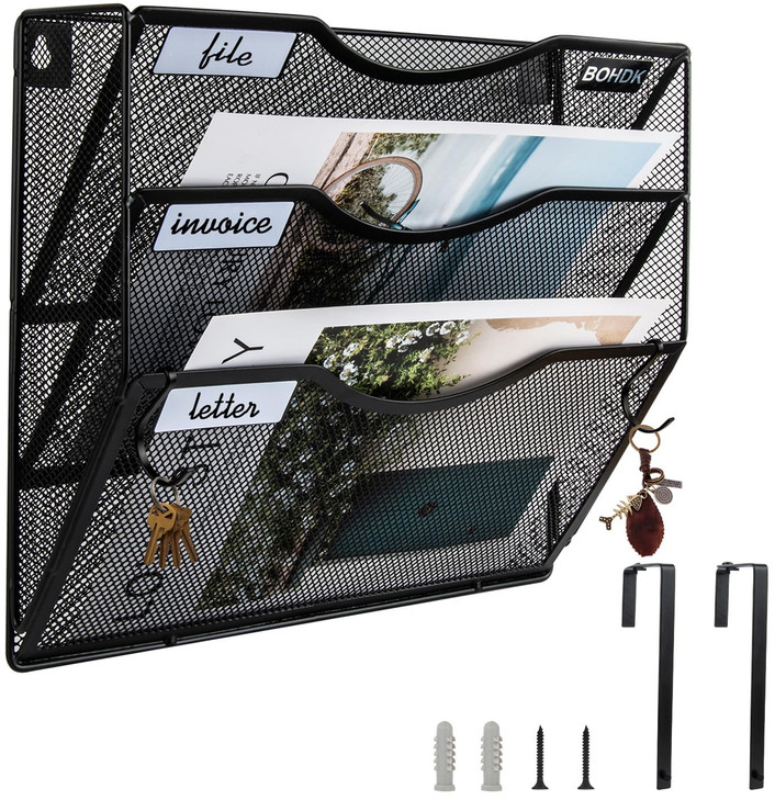 BOHDK Wall File Organizer, 3 Tire Hanging File Folder Mail Organizer, Vertical Mesh Metal Door/Wall Mount Hanging File Holder, Paper Document Magazin