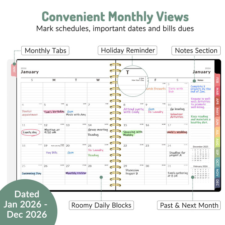 2026 Planner, Forvencer Calendar Planner Weekly and Monthly (Jan 2026-Dec 2026), 8.5" X 11", Agenda Book, Daily Journal Notebook with Tabs, Flexible