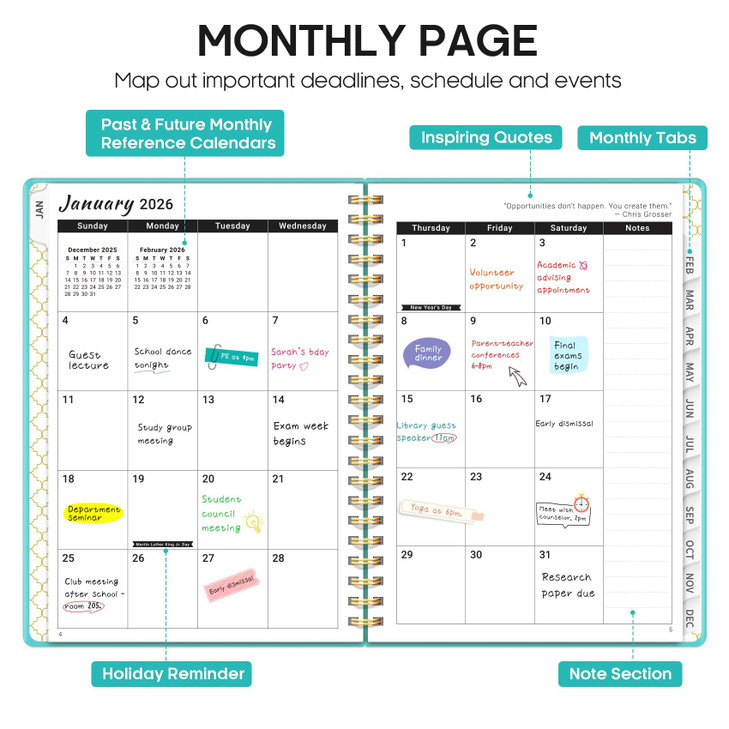 2026 Planner, Weekly and Monthly Calendar Planner, January 2026 - December 2026, Hardcover 2026 Calendar Book with Tabs For Women & Men, Inner Pocket