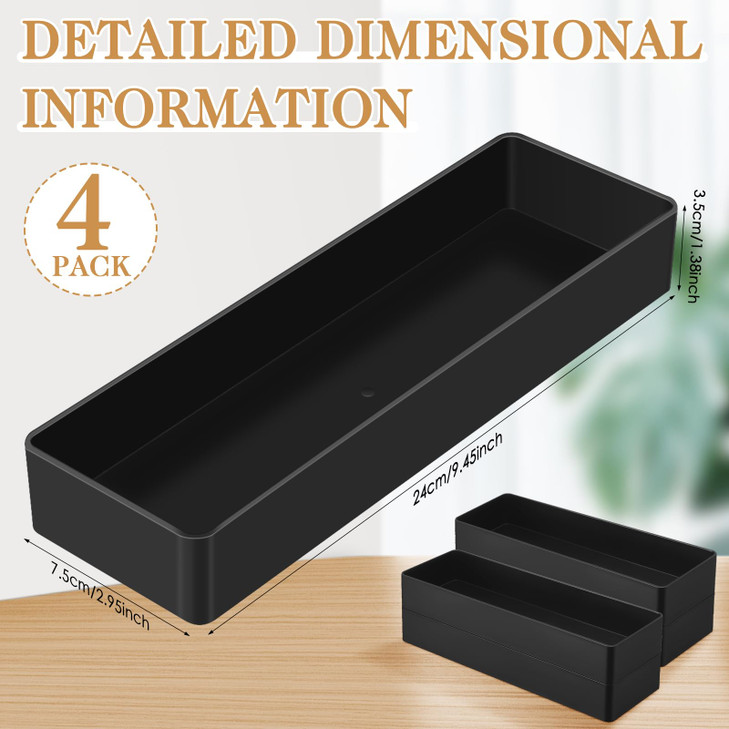 Teling 4 Pcs Large Black Rectangular Desk Organizer Set, Half Accessory Tray, Plastic Tabletop Organizer for Office, Home, or Study, Dimensions: 9.45