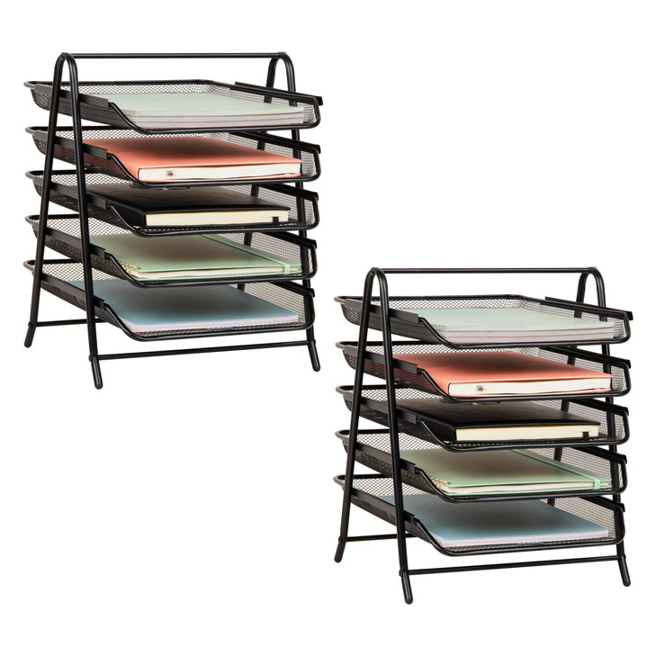 Mind Reader 5-Tier Paper Tray, Desktop Organizer, File Storage, Office, Metal Mesh, 11.75"L x 14"W x 15"H, Set of 2, Black
