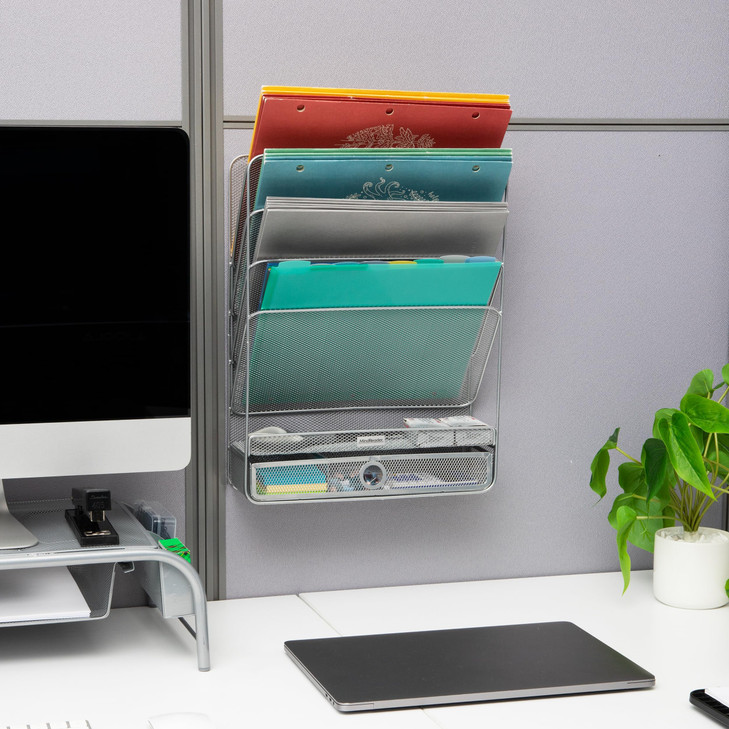 Mind Reader 4-Tier Vertical File Storage, Desktop Organizer, Wall Mount, Office, Metal Mesh, 12.5"L x 4"W x 16.5"H, Silver