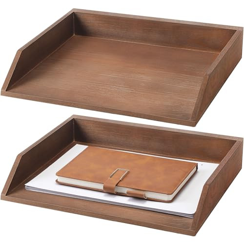 Beeveer 2 Pcs Wooden Letter Tray Wood Letter-Size Desk Organizer Heavy Duty 2 Tier Stackable Support Paper Tray Desktop Drawer File Folder Magazine O