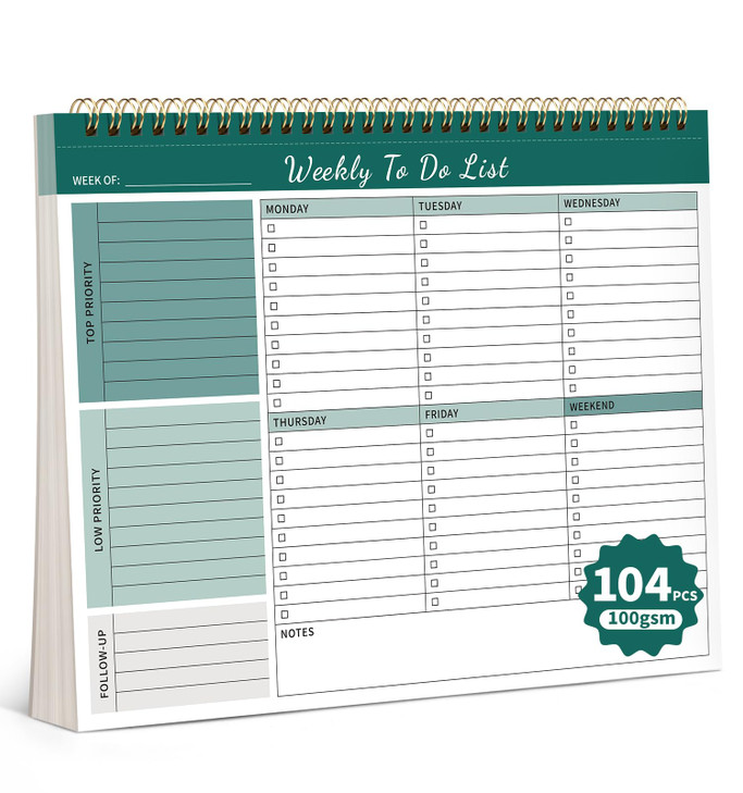 ALKALO 104 Pgs Weekly To Do List Notepad, 52 Duplex-Printed Undated Sheets 100 GSM?8.5"×11") Weekly Desk Planner For Work Home School Office Desk Acc