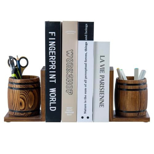 MyGift Wood Decorative Bookends with Pencil Holder, Office Desk Books Ends and Pen Holders as Vintage Wooden Barrels, Heavy Duty Bookends for Shelves